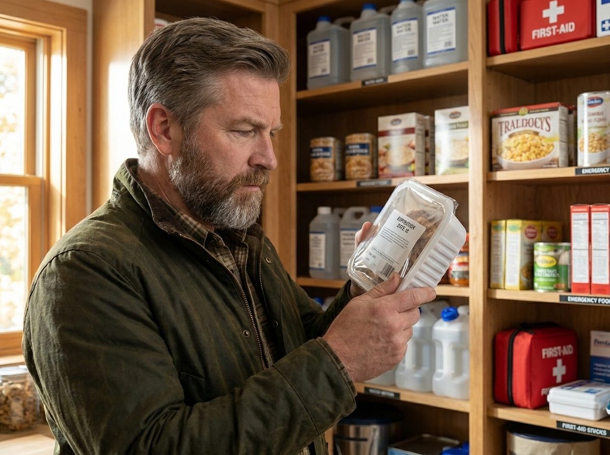 Sam checking the date on a supply at an organized pantry shelf
